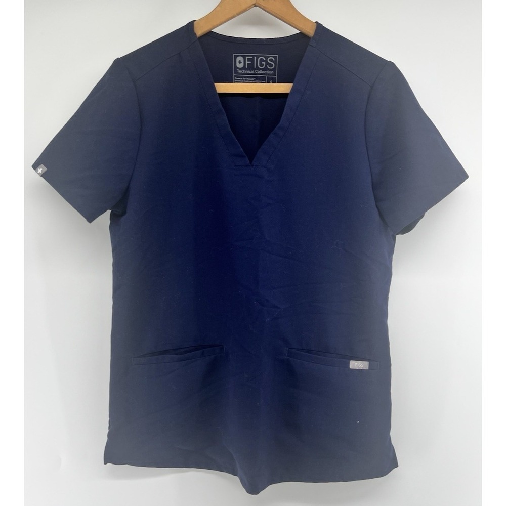 Figs Casma 3 Pocket Scrub Top Wmens Small Navy Blue Short Sleeved Stretch